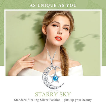 Collar de luna y estrella brillante de plata de ley 925