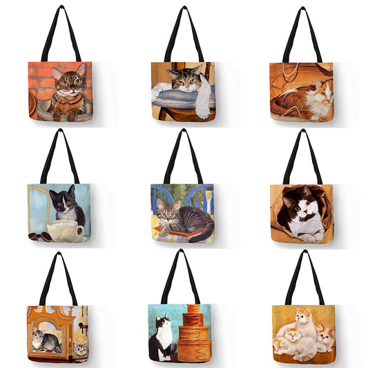 Bolsa de compras reutilizable de lino ecológico con pintura de gato al óleo. Bolso de mano de moda.