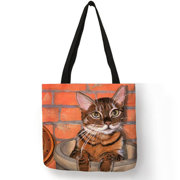 Eco Linen Reusable Shopping Bag With Oil Cat Painting Fashion Tote Bag