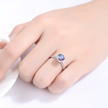 Anillo de compromiso de plata de ley 925 auténtica con topacio místico arcoíris y piedra preciosa maciza.