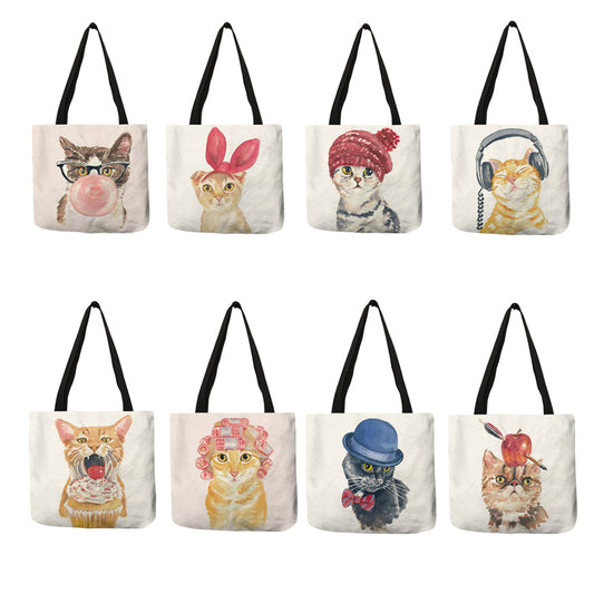 Bolsa de compras reutilizable de lino con estampado de gato y globos