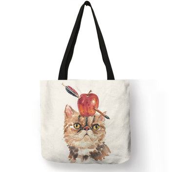 Bolsa de compras reutilizable de lino con estampado de gato y globos