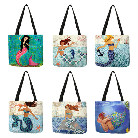 Bolso de mano informal de lino con estampado de sirena de playa y mar