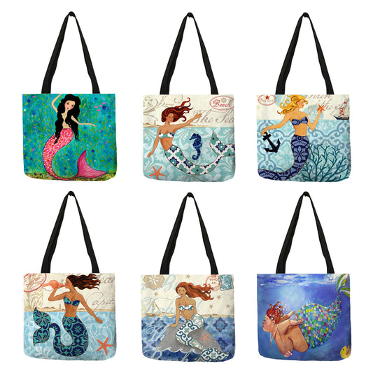 Casual Linen Sea Beach Mermaid Print Totes Handbag