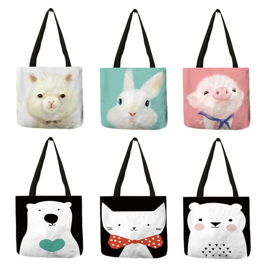 Bolso de hombro informal reutilizable con estampado de dibujos animados de animales, cerdos y gatos