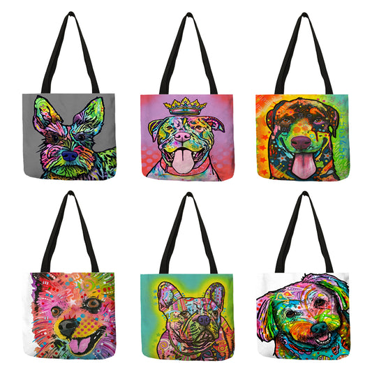 Bolso de mano de lino con estampado de animales de colores, perros y gatos.