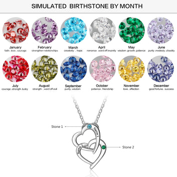 Personalized 925 Sterling Silver Interlocking Heart Necklace with 2 Birthstones Custom Engraved Name Silver Pendant