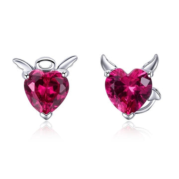 925 Sterling Silver Angel And Devil Pink Heart Stud Earrings