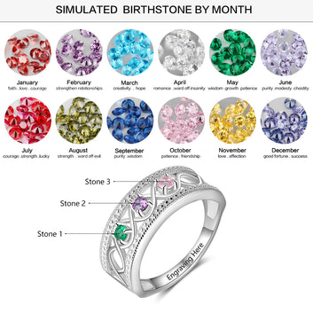 Personalized 925 Sterling Silver 3 Birthstones Custom Name Infinity Love Ring