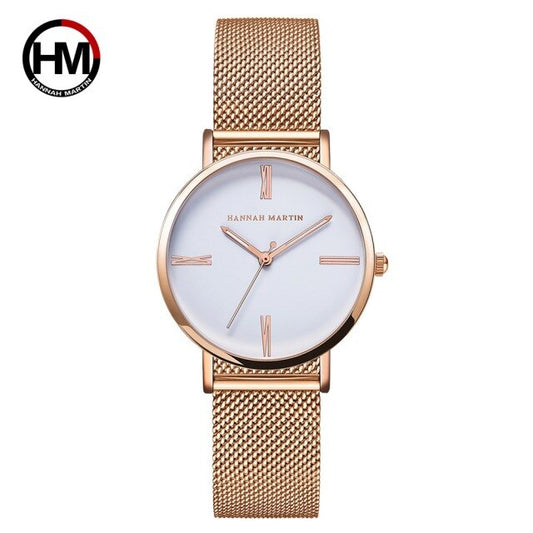 Reloj de pulsera sencillo de acero inoxidable, resistente al agua y con correa de piel sintética para mujer.