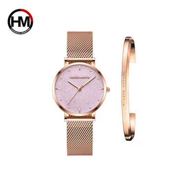 Reloj de malla de acero inoxidable en oro rosa resistente al agua con diseño creativo para mujer