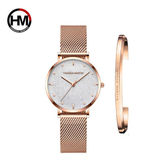 Reloj de malla de acero inoxidable en oro rosa resistente al agua con diseño creativo para mujer