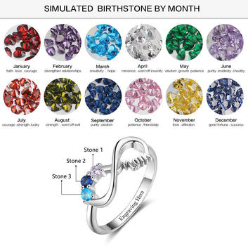 Anillo de plata de ley 925 personalizado con 3 piedras de nacimiento y grabado interior personalizado.
