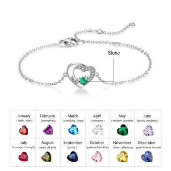 Personalized 925 Sterling Silver Engraved Name Customized Heart Birthstone Bracelet