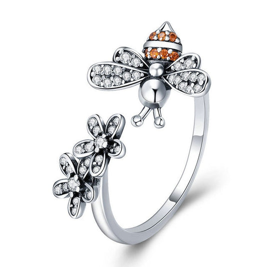 925 Sterling Silver Trendy Bee Daisy Flower Ring