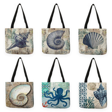 Retro Marine Life Seahorse Shell Print Eco Shopping Bag