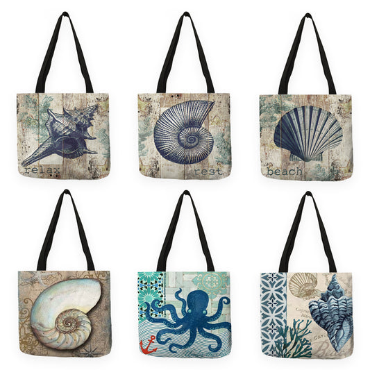 Bolsa de compras ecológica con estampado retro de caballito de mar y concha marina