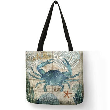 Retro Marine Life Seahorse Shell Print Eco Shopping Bag