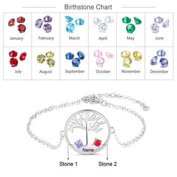 Personalized Tree of Life 2 Birthstones Customize Name Bracelet