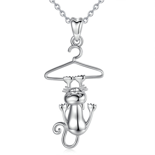 Collar con colgante de gato de cola larga en plata de ley 925 con colgante de gatito
