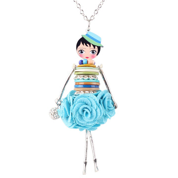 Shell Crystal Doll Necklace Dress Handmade French Doll Pendant Alloy Girl Women Flower Fashion Jewelry