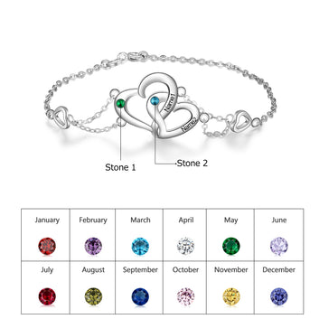Personalized Intertwined Heart Birthstone Engraved Name Bracele
