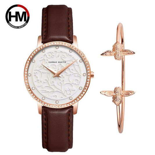 Waterproof Sculpture Emboss White Flower Lady Fashion Casual Watch