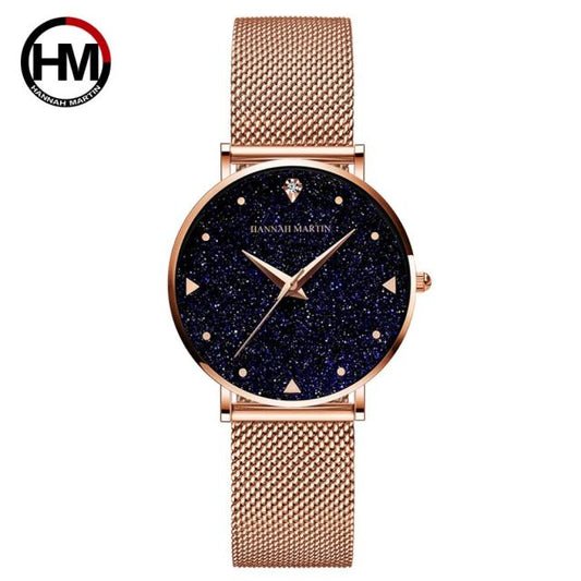 Reloj de pulsera dorado con correa de malla de acero inoxidable para mujer, reloj con esfera de estrellas nocturnas y destellos.