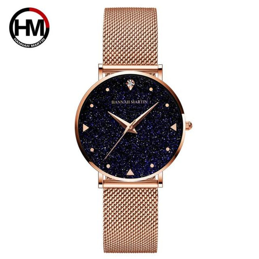 Stainless Steel Mesh Band Watch  Golden Ladies Wristwatches Flash Night Stars Face Watch