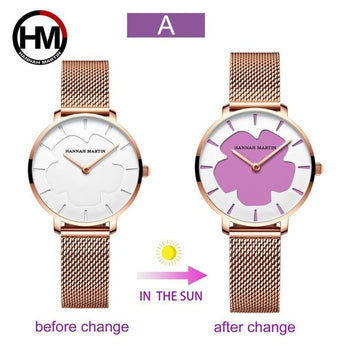 Nuevo reloj de cuarzo de malla de acero inoxidable con diseño de flor mágica que cambia de color al sol