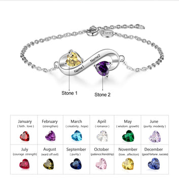 Infinity Heart Birthstone Custom 2 Names Engraved Bracelet
