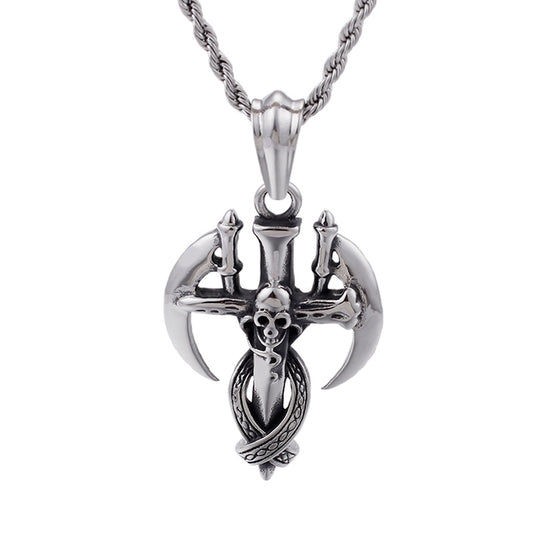 Ax Skull Cross Stainless Steel Long Chain Punk Necklace