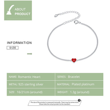 Pulsera minimalista sencilla de corazón rojo en plata de ley 925