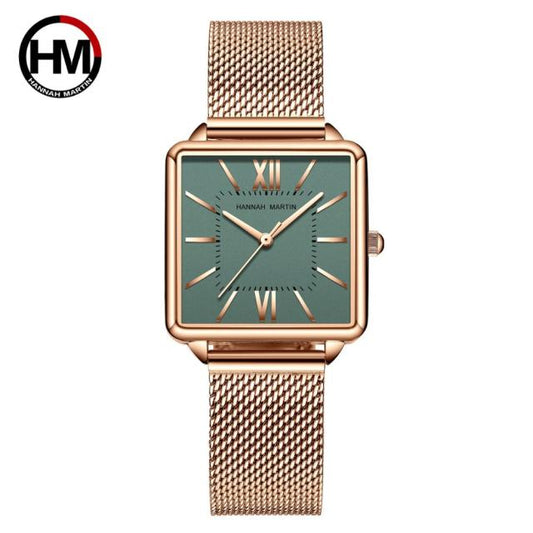 Reloj de pulsera de acero inoxidable con caja cuadrada romana y esfera verde
