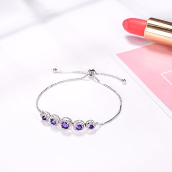 Natural Gemstone African Amethyst 925 Sterling Silver Adjustable Bracelet