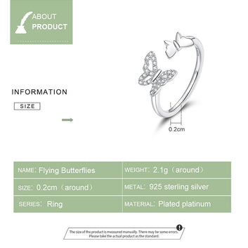 925 Sterling Silver Flying Butterflies Open Adjustable Ring