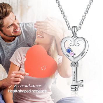 Personalized Key Necklace Charm Pendant with Heart Engraved Names Memory Jewelry