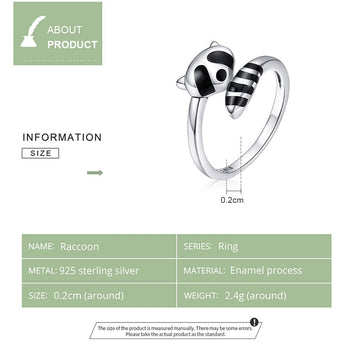 Anillo de mapache con esmalte negro en plata de ley 925
