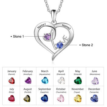 Personalized Heart 925 Sterling Silver Necklace with Birthstone Love Custom Name Engraved Pendant