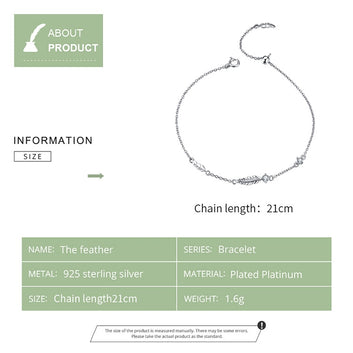 925 Sterling Silver Boho Feather Chain Bracelet