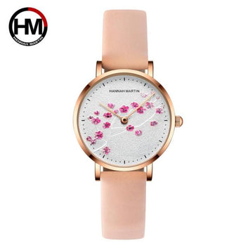 Reloj con correa de cuero genuino y diseño de flor de ciruelo rojo para mujer