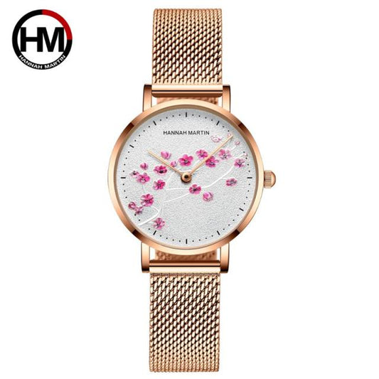 Reloj con correa de cuero genuino y diseño de flor de ciruelo rojo para mujer