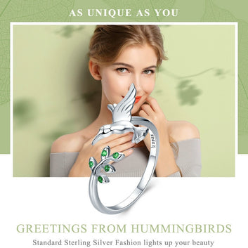 925 Sterling Silver Bird Spring Tree Leaves Open Size Ring