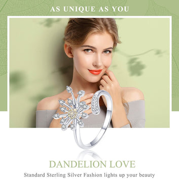 Anillo de amor con diente de león en flor de plata de ley 925