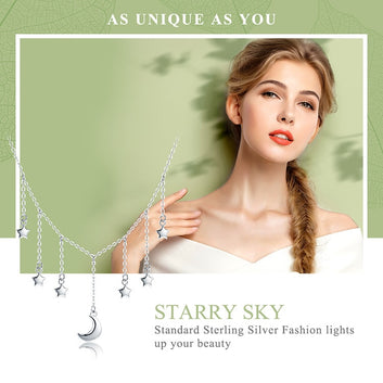 Collar con cadena de estrellas y luna brillante de plata de ley 925