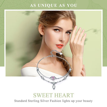 Pulsera de plata de ley 925 con forma de corazón rosa