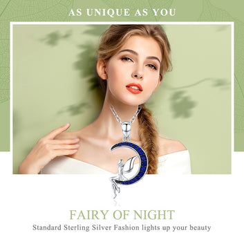 925 Sterling Silver Lucky Fairy in Blue Moon Pendant Necklace