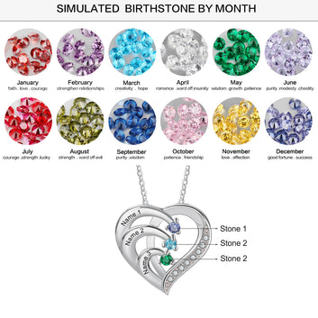 925 Sterling Silver Personalized Family Name Heart Necklaces Customized Birthstone Engraving Necklace