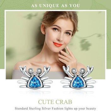 925 Sterling Silver Cute Ocean Crab Blue Stud Earrings