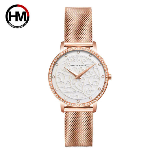 Fashion White Flower 3D Engraving Dial Face Waterproof Ladies Watch